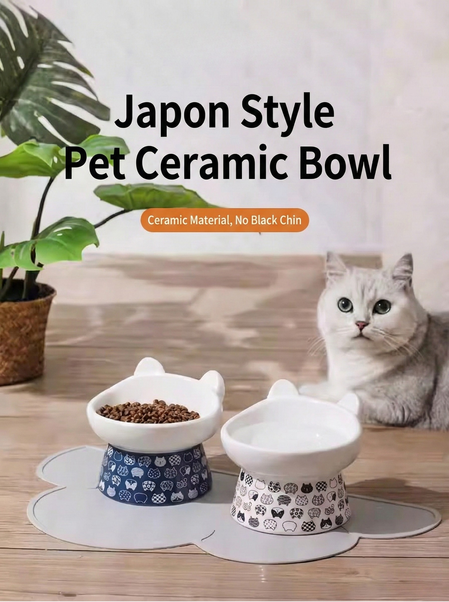 Japanese Style Elevated Ceramic Cat Bowl (Anti-Spill)