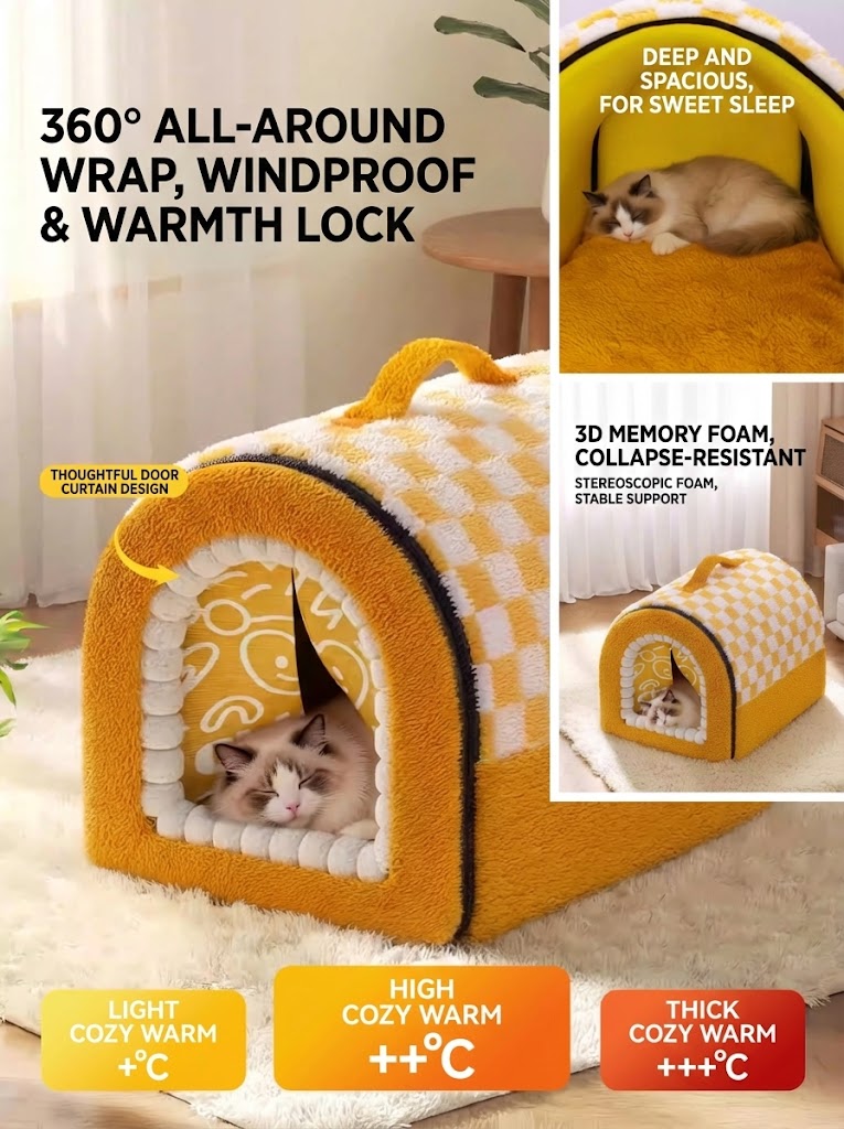 All-Around Wrap Warm Pet Cave Bed – Deep & Spacious, Draft-Blocking Design
